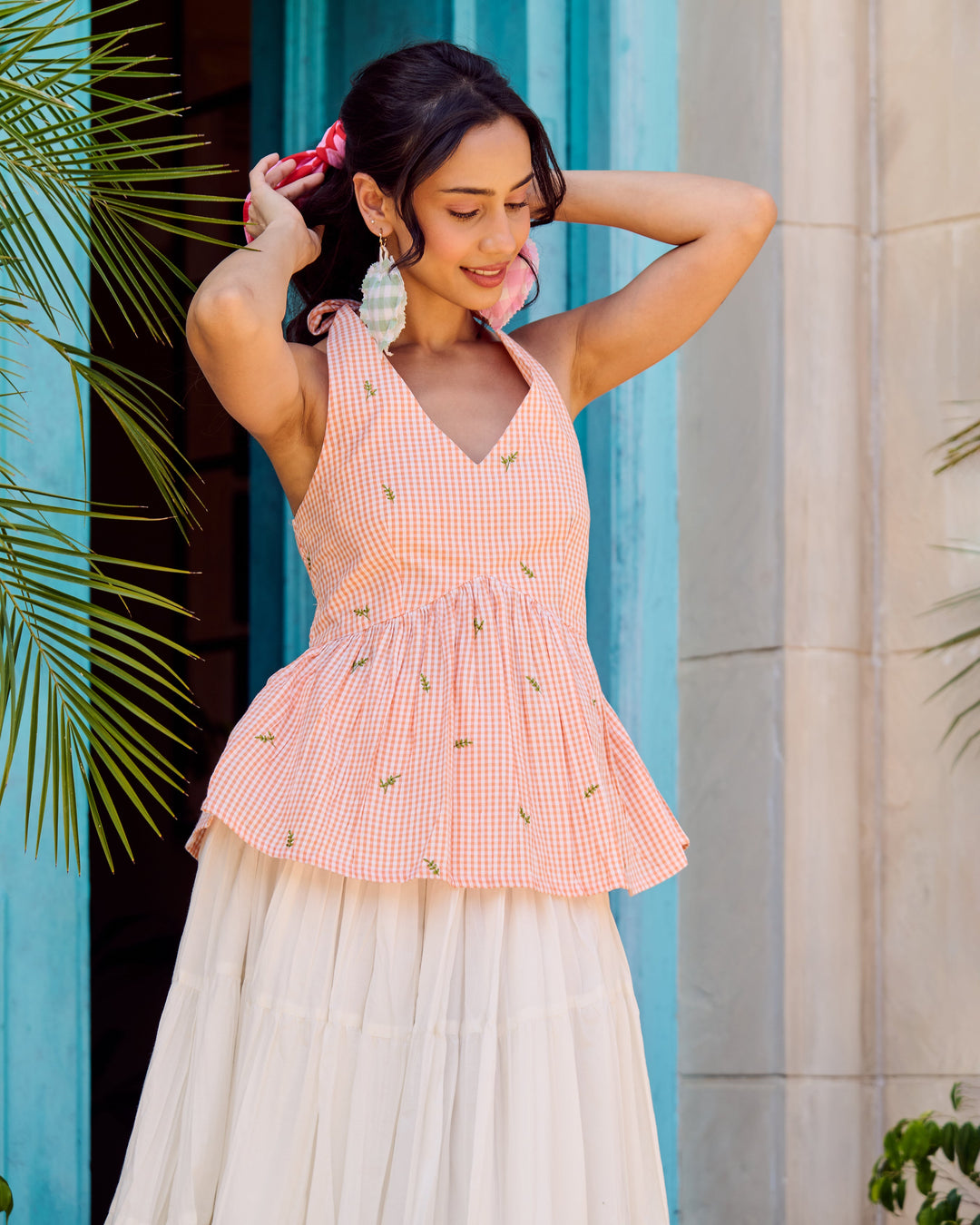 Eva Orange Embroidered Cotton Checks Top