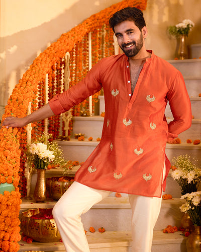 Ratnav Orange Embroidered Chanderi Kurta