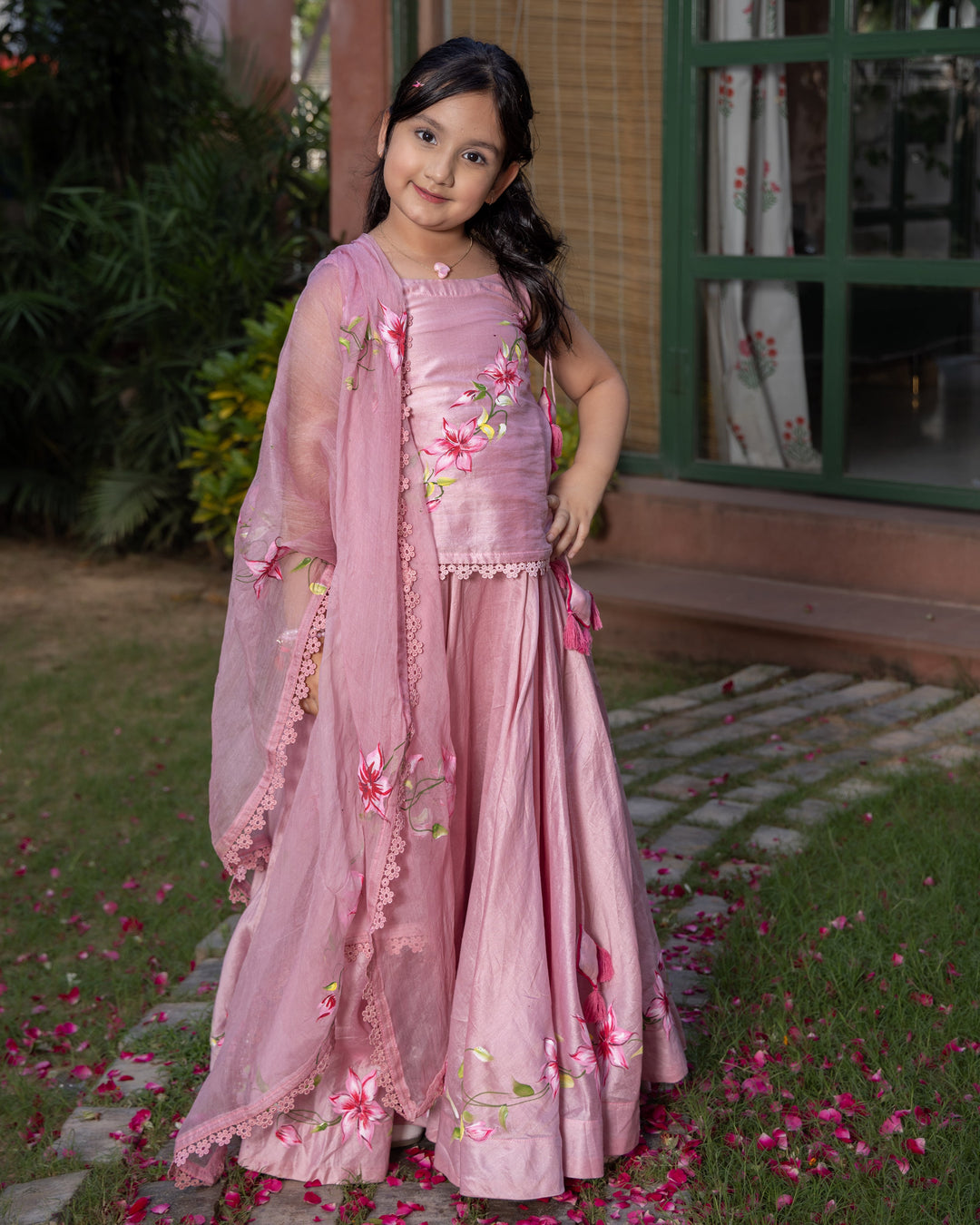 Koko Powder Pink Handpainted Chanderi Lehenga Set