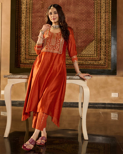 Lucia Orange Solid Chanderi Kurta Set