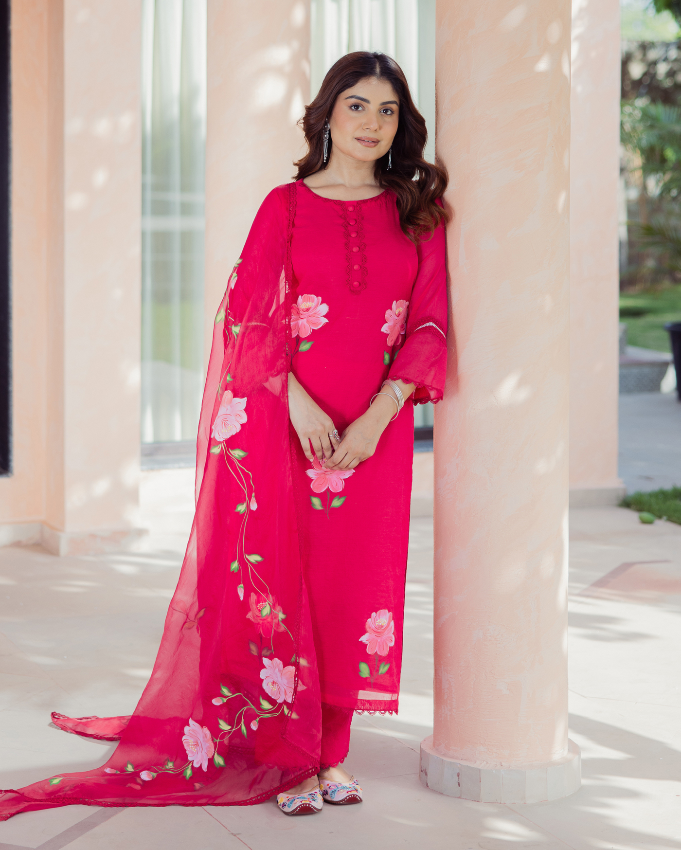 Meadow Magenta Handpainted Chanderi Suit Set