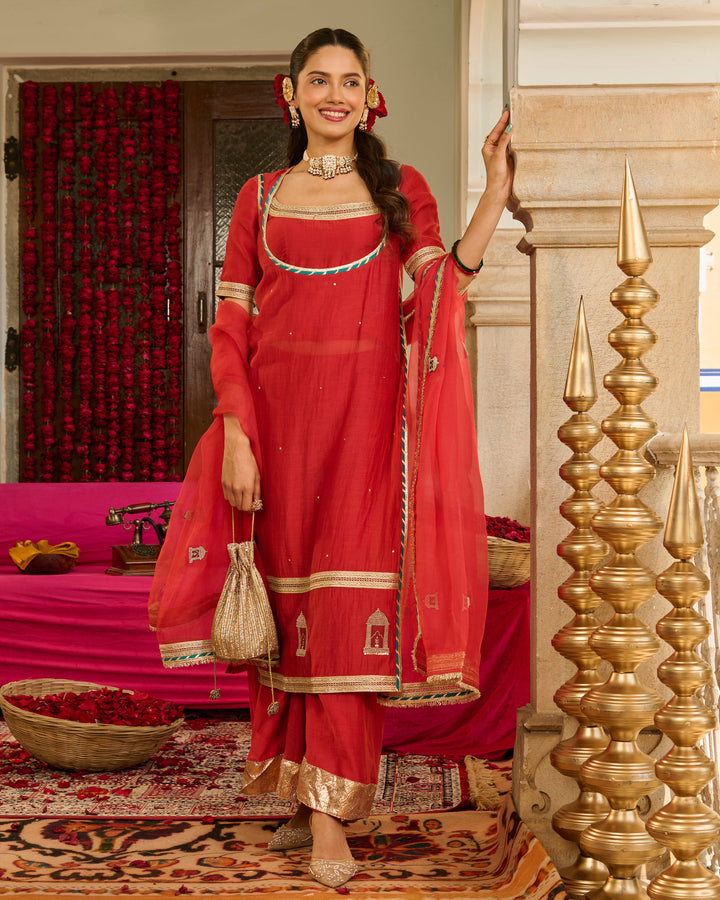 Rust Red Solid Chanderi Suit Set