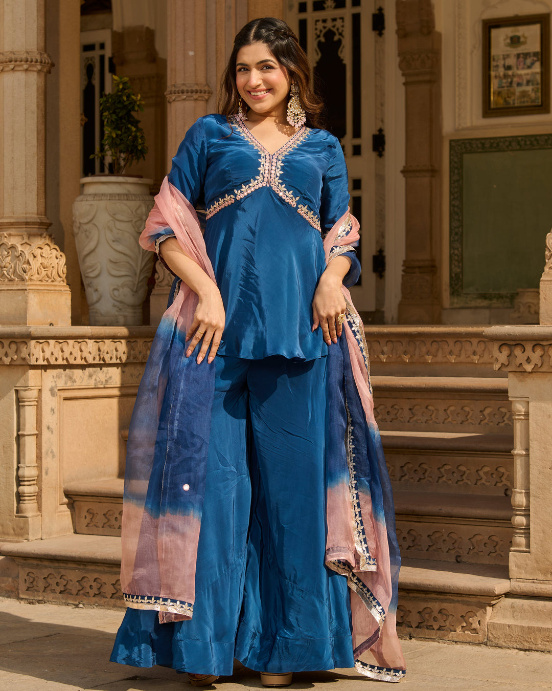 Maison Blue Solid Crepe Suit Set