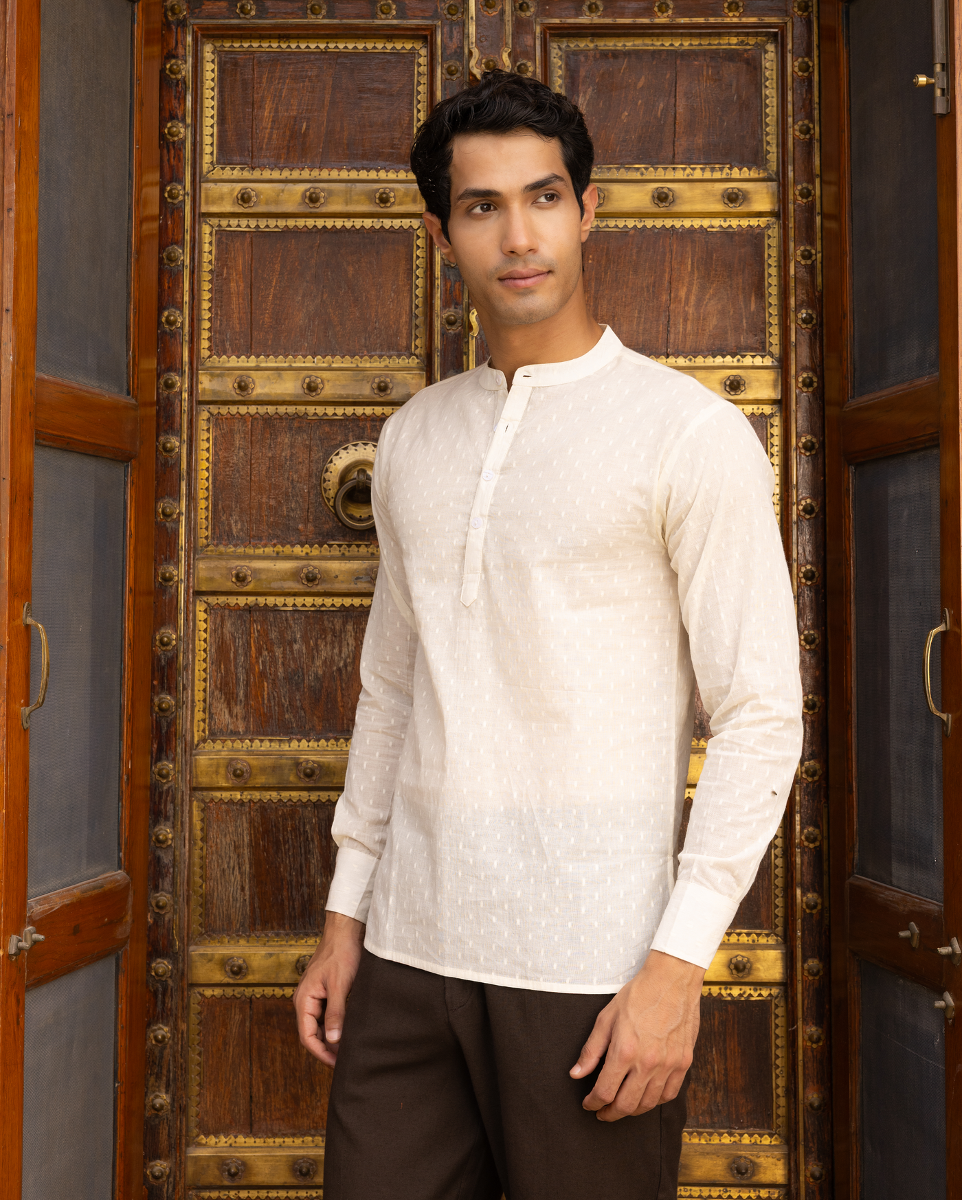 Yug Off White Solid Dobby Kurta