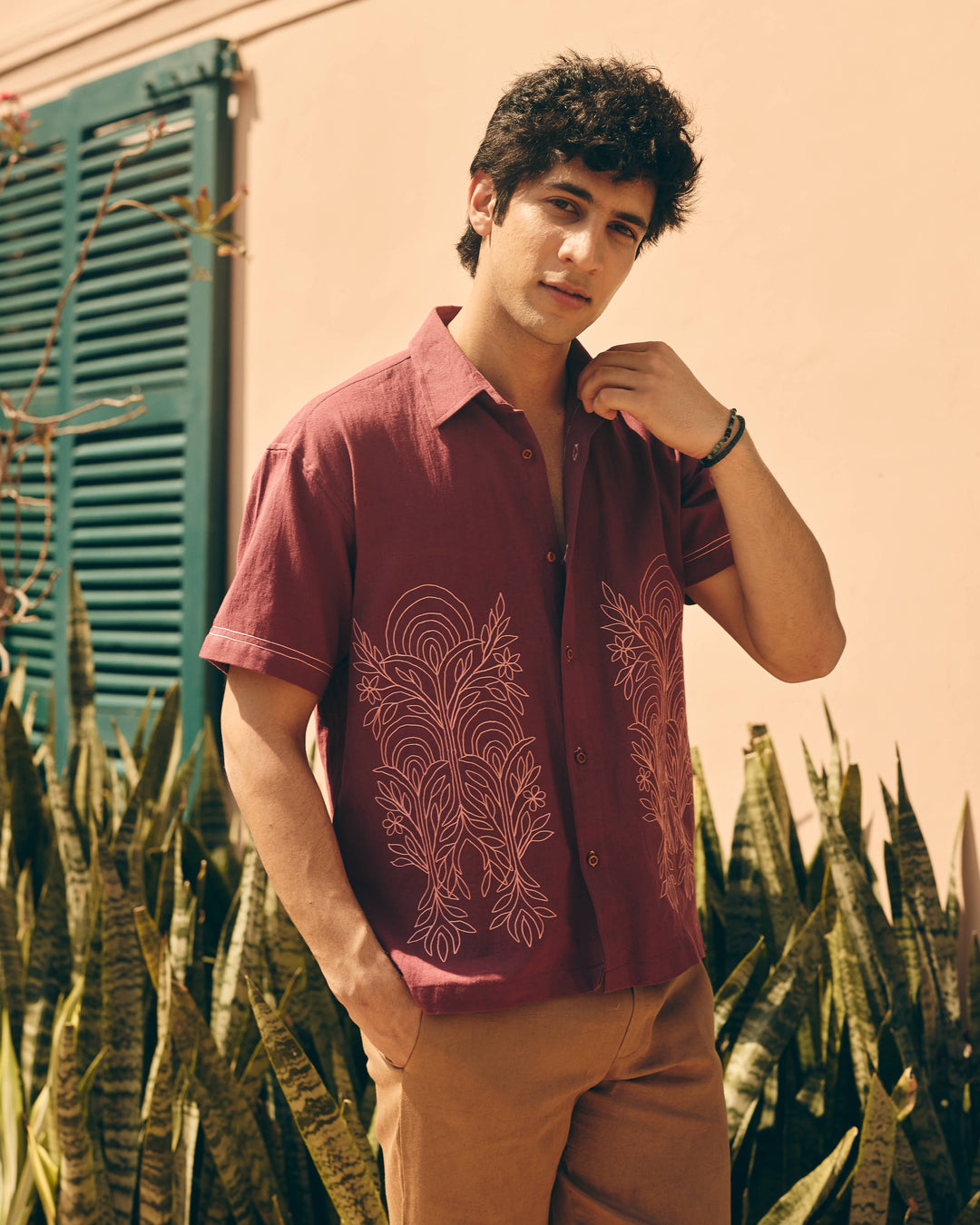 Zuno Plum Cotton Flex Embroidered Shirt