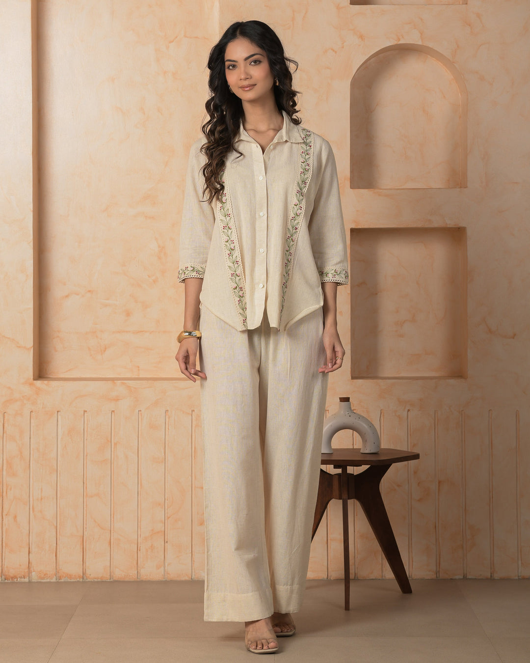 Zafira Cream Embroidered Cotton Flex Coord Set