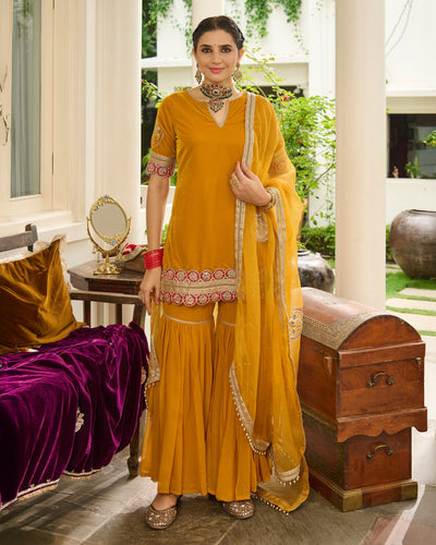 Kavi Yellow Embroidered Velvet Sharara Set