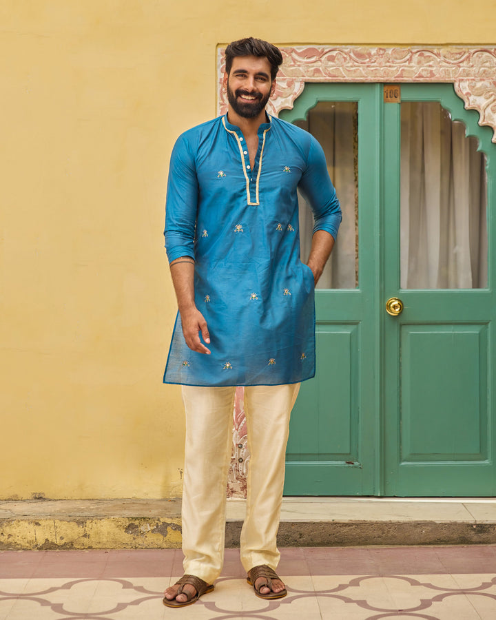 Piyush Teal Chanderi Embroidered Kurta