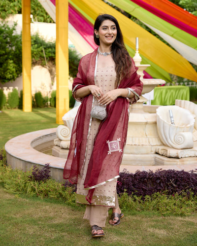 Kriti Beige Bandhani Chanderi Suit Set