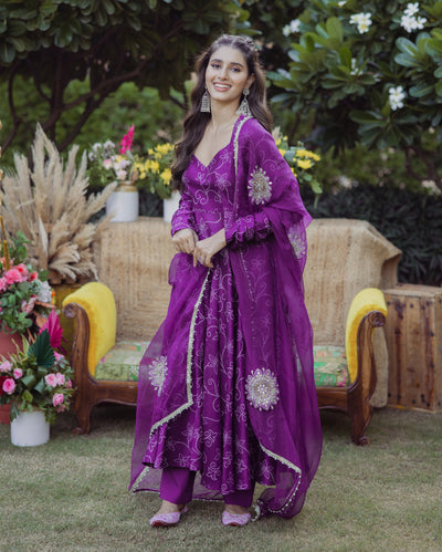 Anuraag Purple Bandhani Muslin Suit Set
