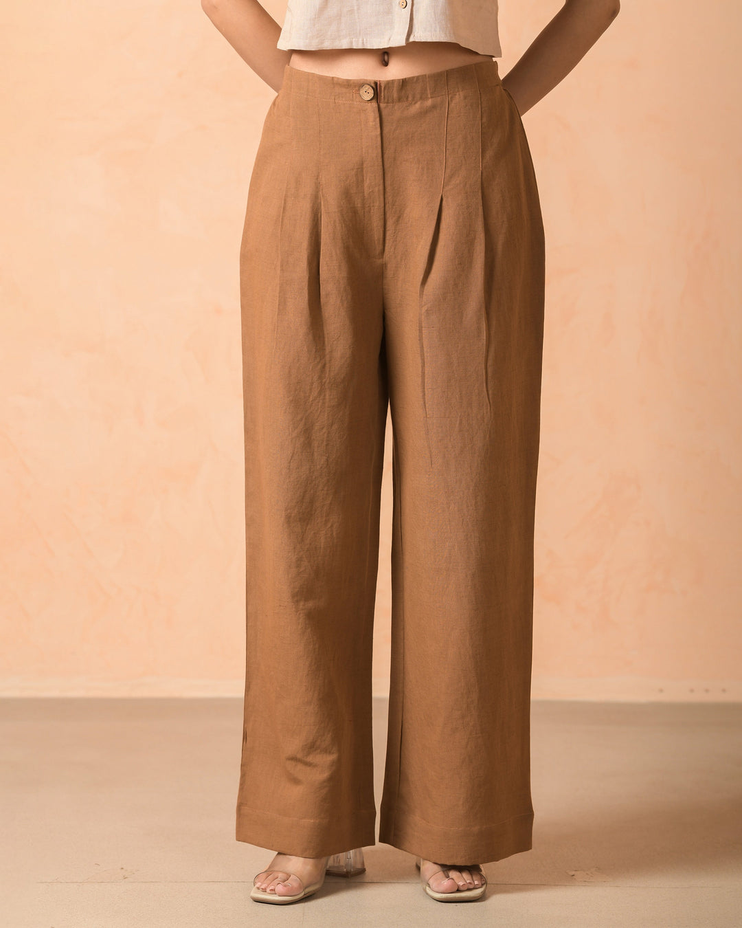 Vesha Brown Cotton Flex Solid Straight Pants