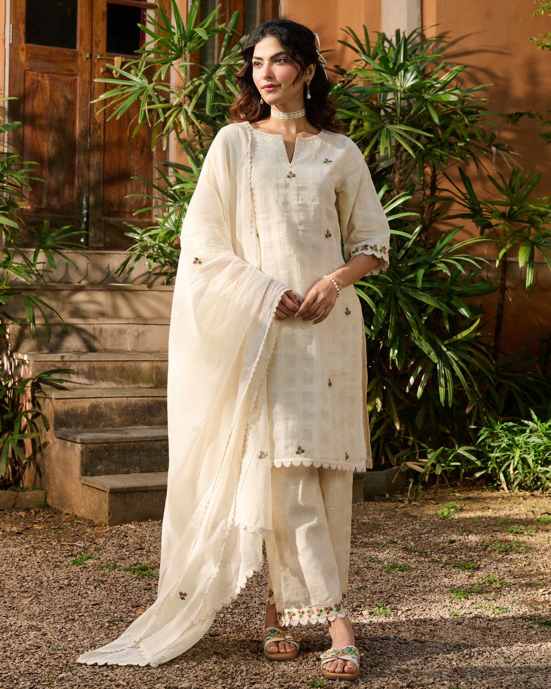 Vayu Off White Embroidered Cotton Checks Suit Set