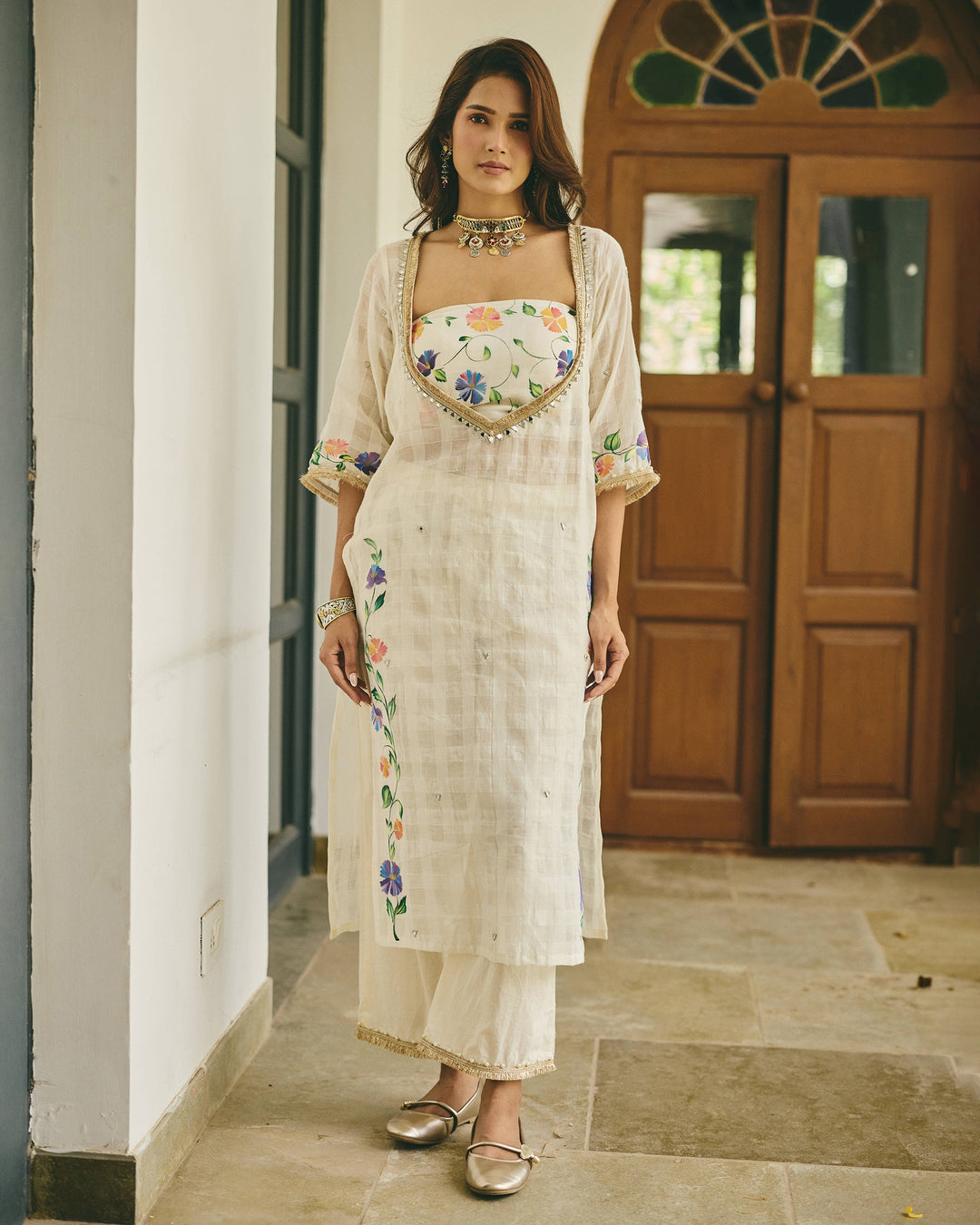 Alekha Cream Handpainted Cotton Checks Coord Set