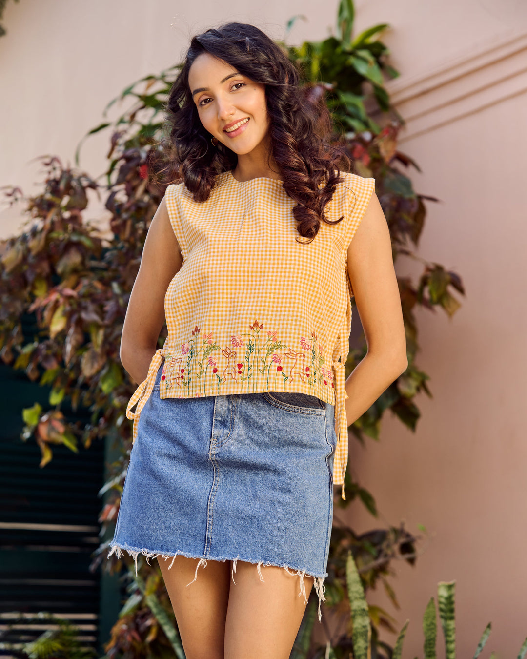 Aine Mustard Embroidered Cotton Checks Top