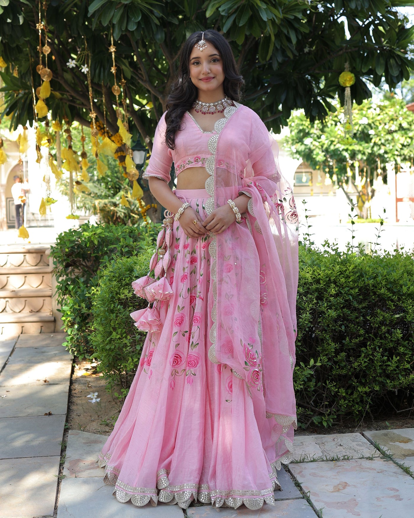 Dewberry Pink Handpainted Chanderi Lehenga Set