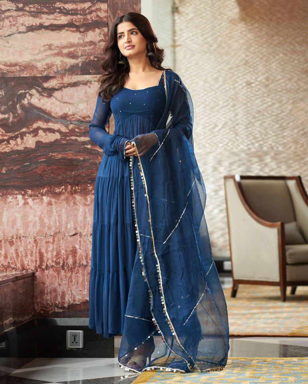 Shop Aradhna Blue Embroidered Georgette Suit Set for Women Online