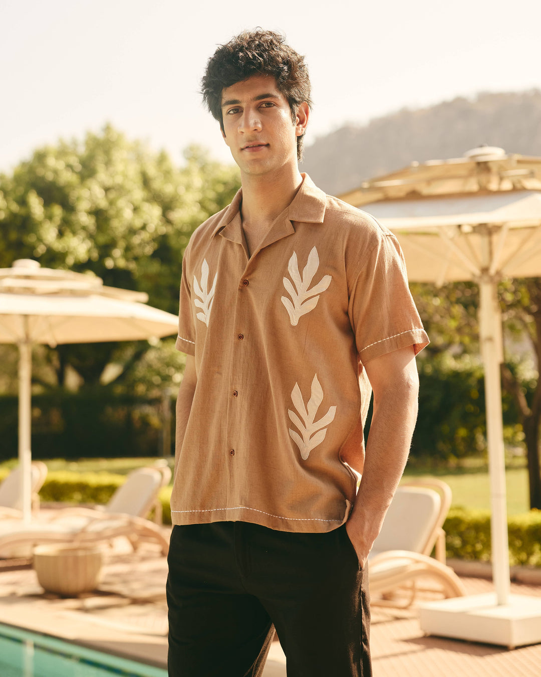 Kimo Brown Cotton Flex Embroidered Shirt
