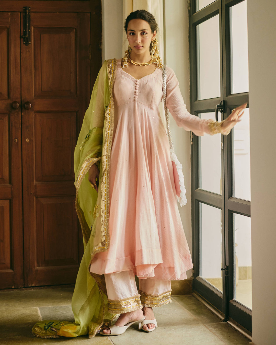 Rangriti Peach Handpainted Cotton Crush Suit Set