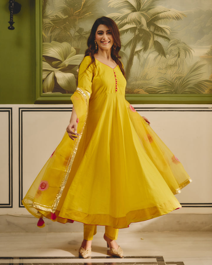 Yellow Organza Handpainted Suit Set