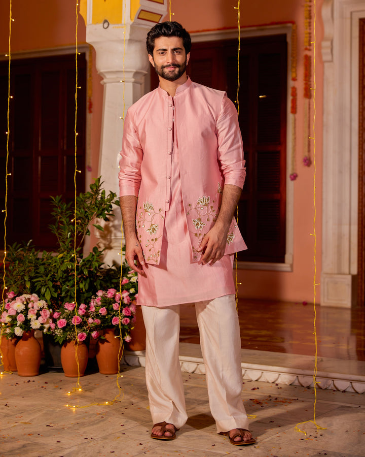 Ruhansh Pink Chanderi Embroidered Jacket And Kurta Set