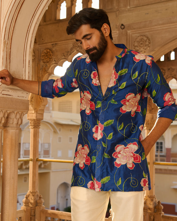Kabir Blue Printed Chanderi Kurta