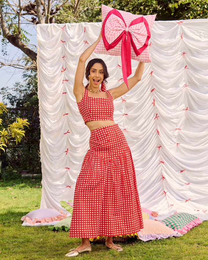 Unnati Red Cotton Checks Printed Coord Set