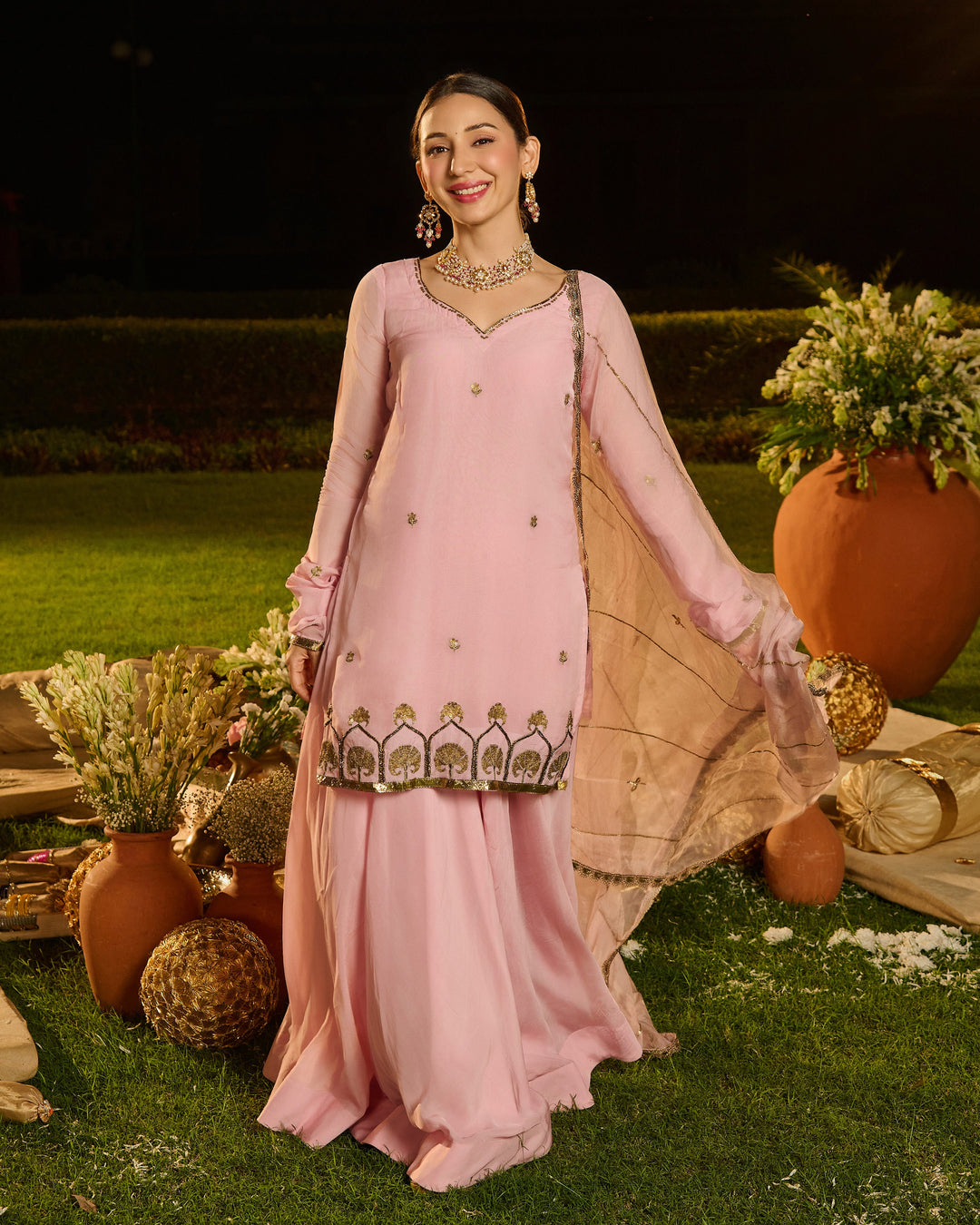 Deepra Baby Pink Embroidered Viscose Organza Suit Set