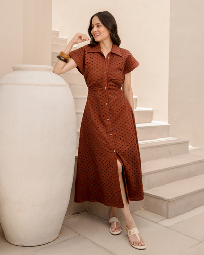 Earthy Brown Cotton Schiffli Dress