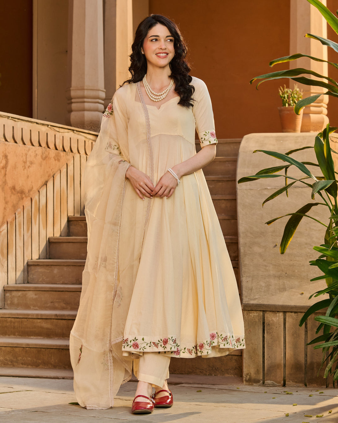 Nazra Cream Embroidered Cotton Suit Set