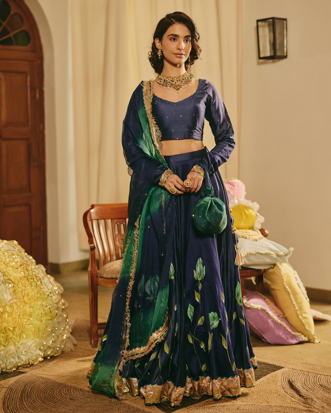 Varnesha Blue Handpainted Chanderi Lehenga Set