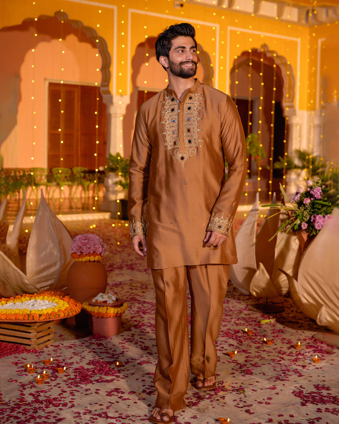 Divakar Brown Chanderi Embroidered Kurta