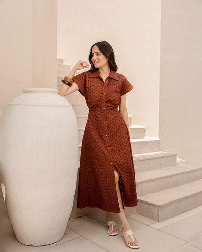 Earthy Brown Cotton Schiffli Dress