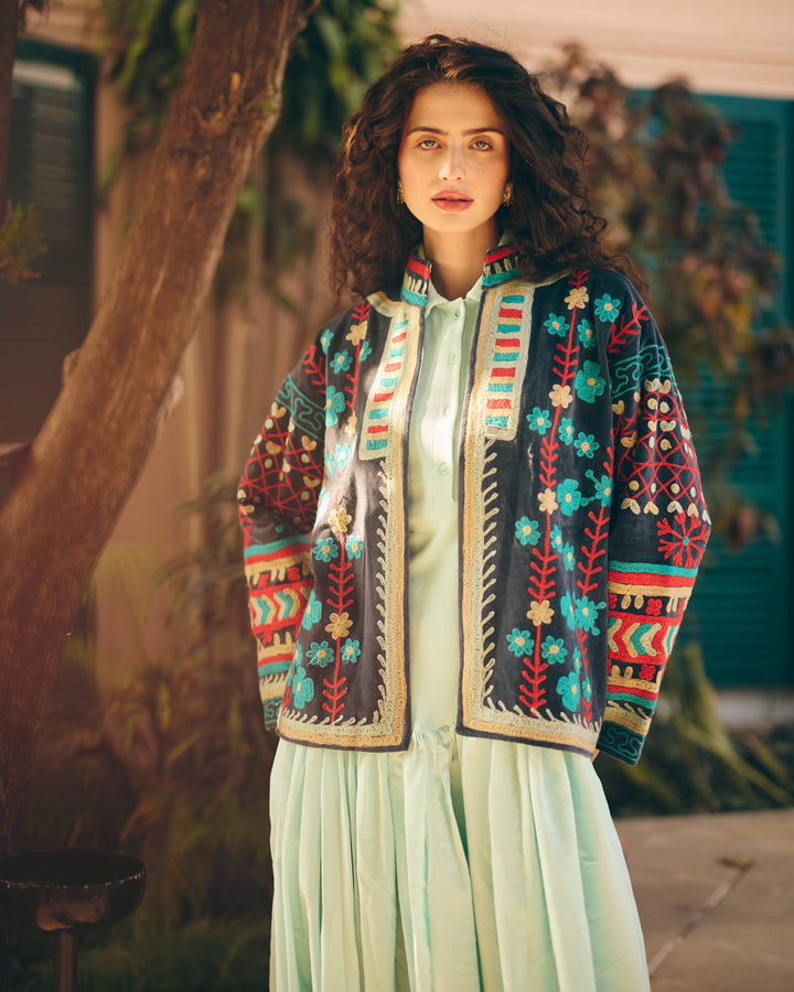 Azurelle Blue Velvet Suzani Jacket