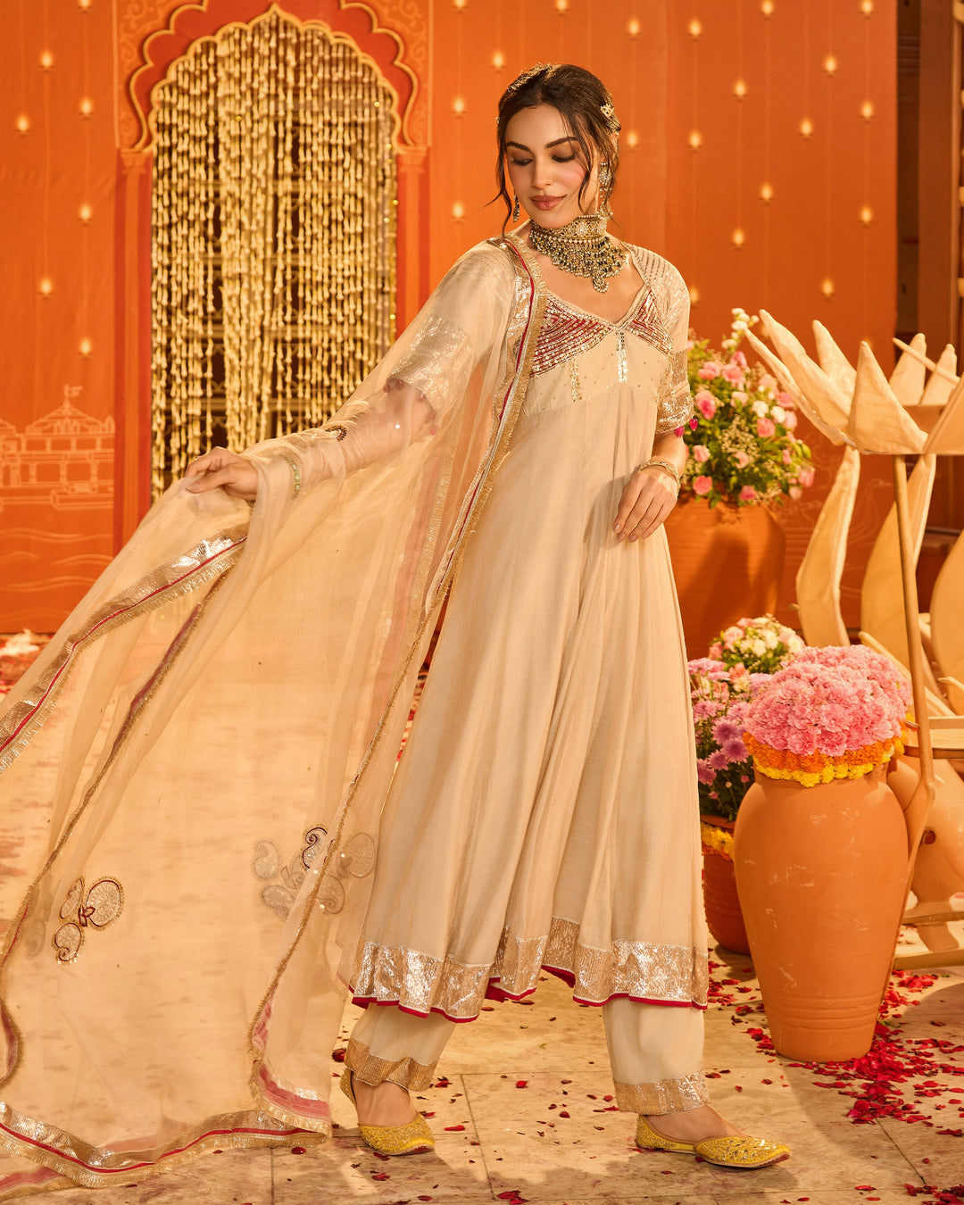 Navdurga Beige Embroidered Chanderi Aangi Suit Set
