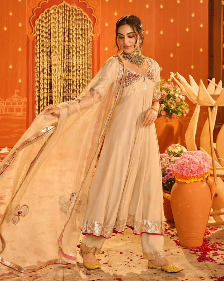 Navdurga Beige Embroidered Chanderi Aangi Suit Set