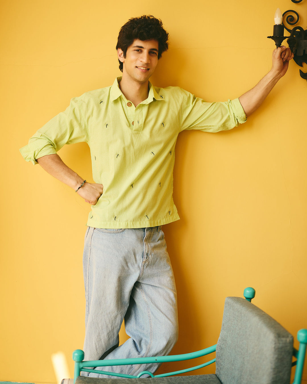 Zian Green Embroidered Cotton Checks Printed Shirt