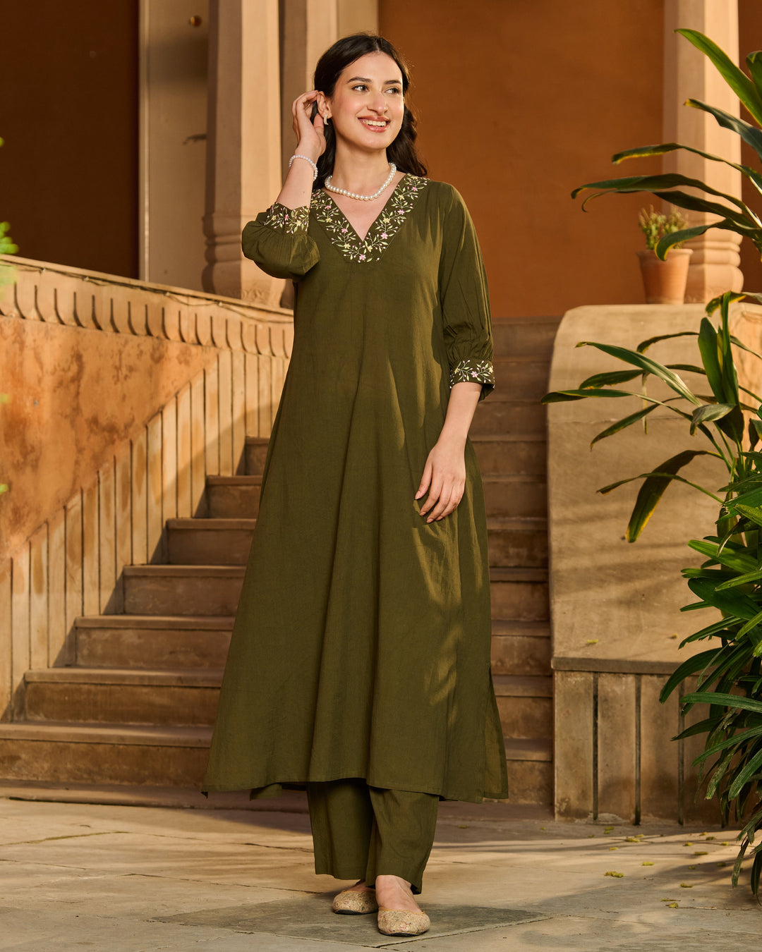 Dot Green Embroidered Cotton Kurta Set