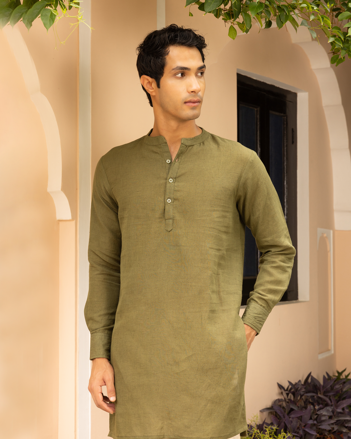 Vikrant Olive Green Solid Cotton Flex Kurta