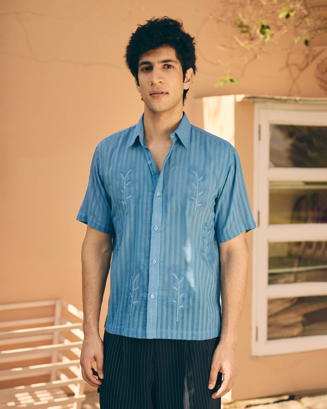 Leko Blue Cotton Dobby Embroidered Shirt