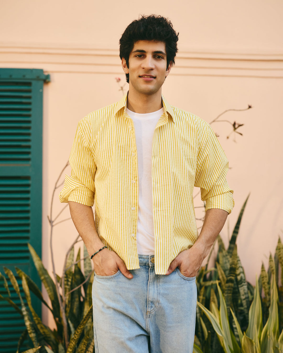 Lio Yellow Cotton Checks Stripes Shirt