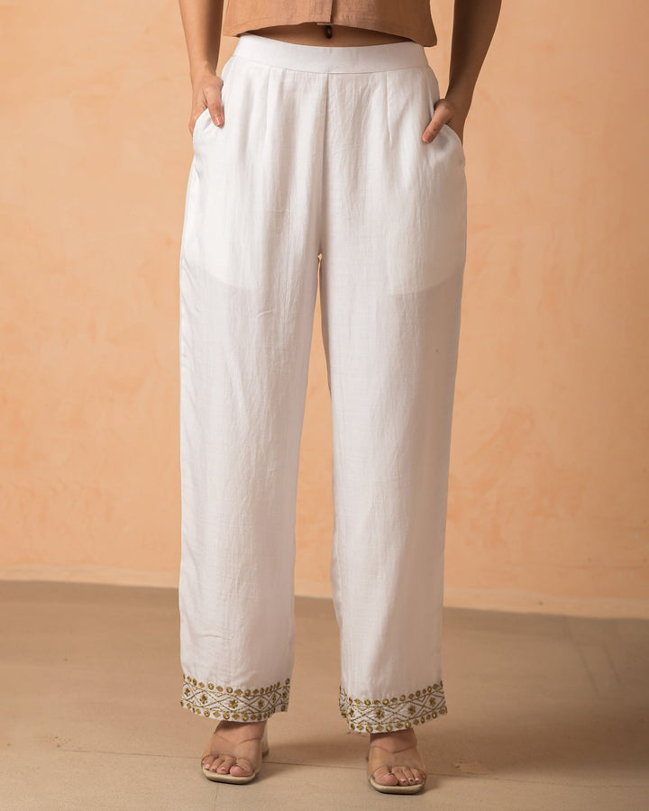 Elsha White Chanderi Embroidered Straight Pants