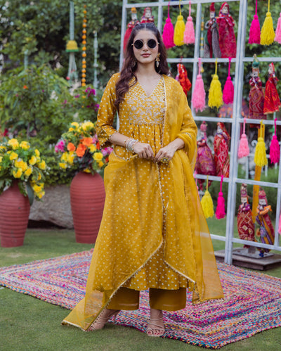 Pavitra Yellow Bandhani Chanderi Suit Set