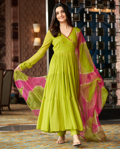 Leela Neon Green Embroidered Tie Dye Organza Dupatta