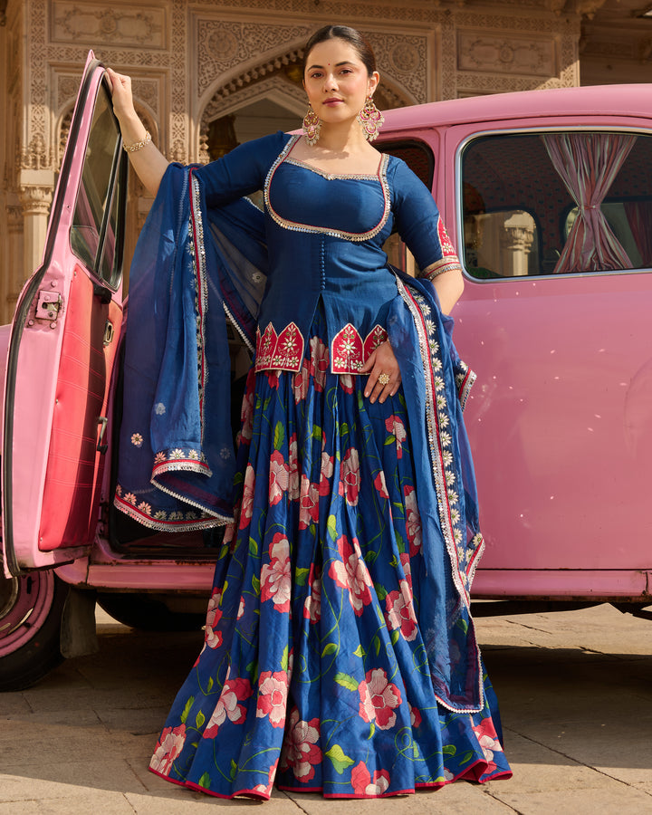 Taj Blue Printed Chanderi Lehenga Set