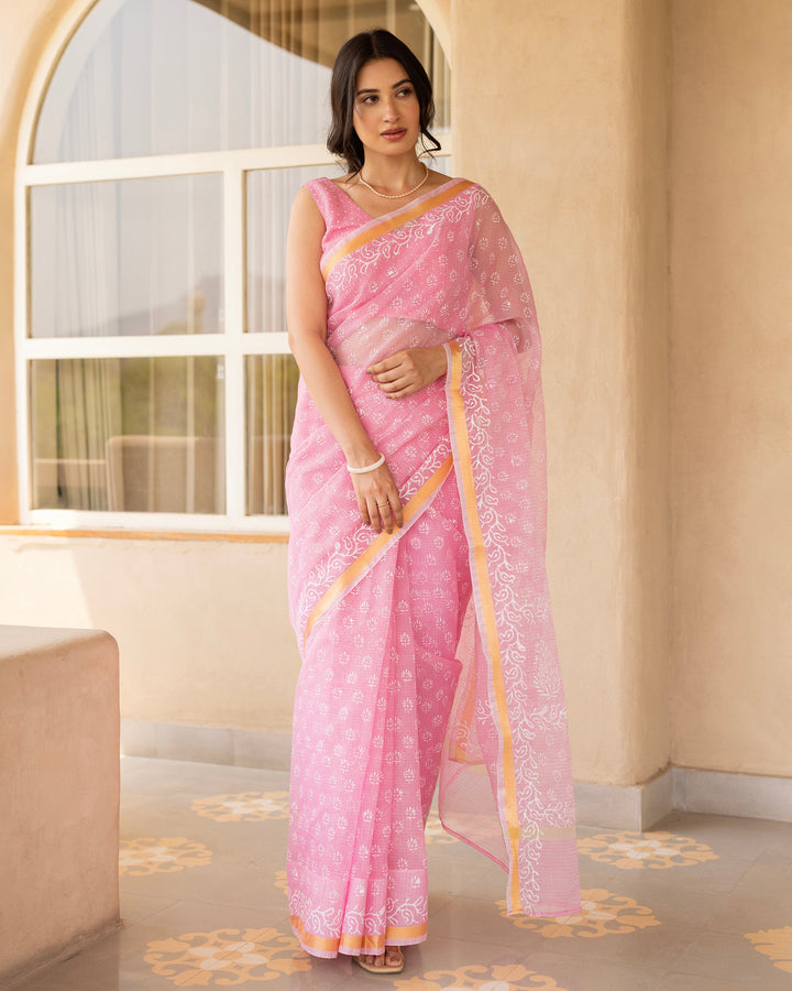 Saanvi Baby Pink Doria Printed Saree