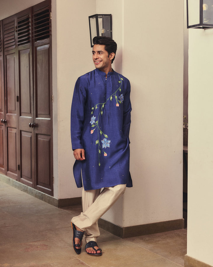 Rivaan Blue Handpainted Silk Kurta