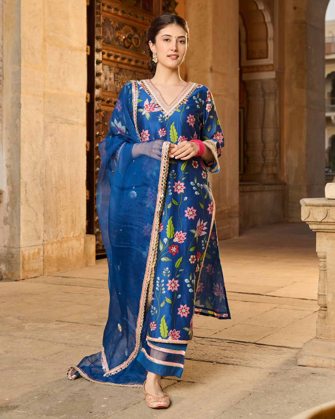 Beat Blue Printed Chanderi Suit Set