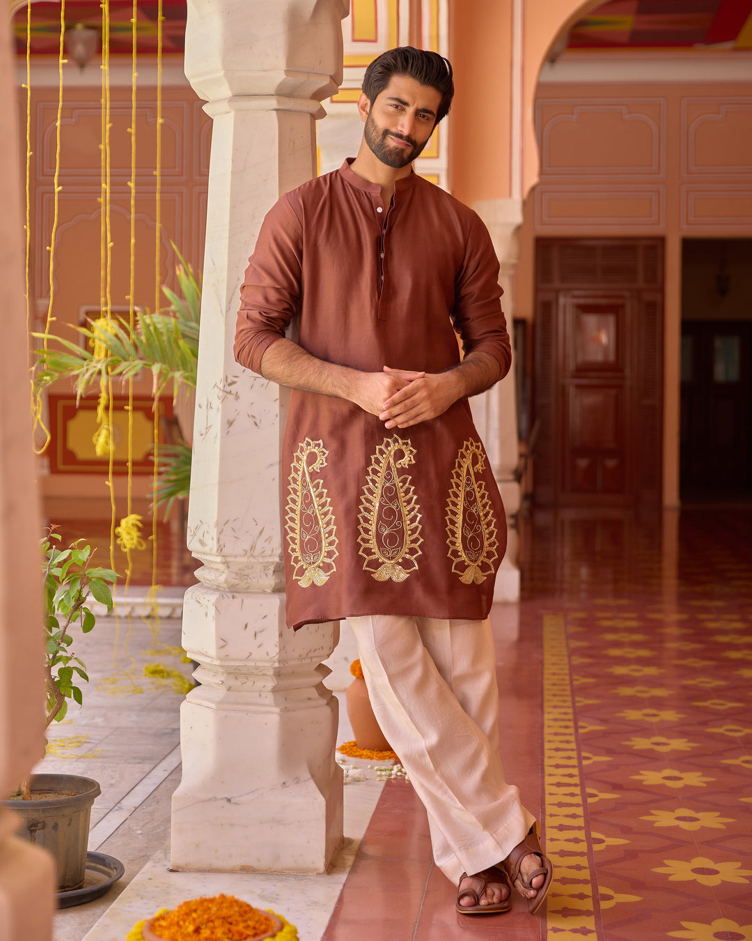 Shridhar Brown Chanderi Embroidered Kurta
