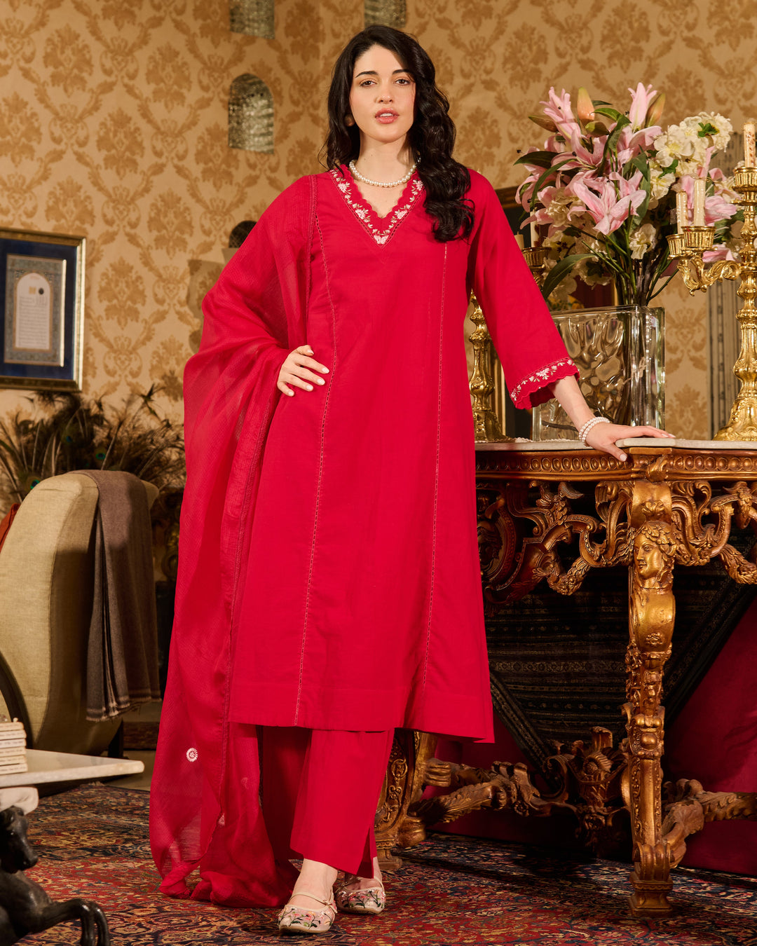 Mistral Pink Embroidered Cotton Suit Set