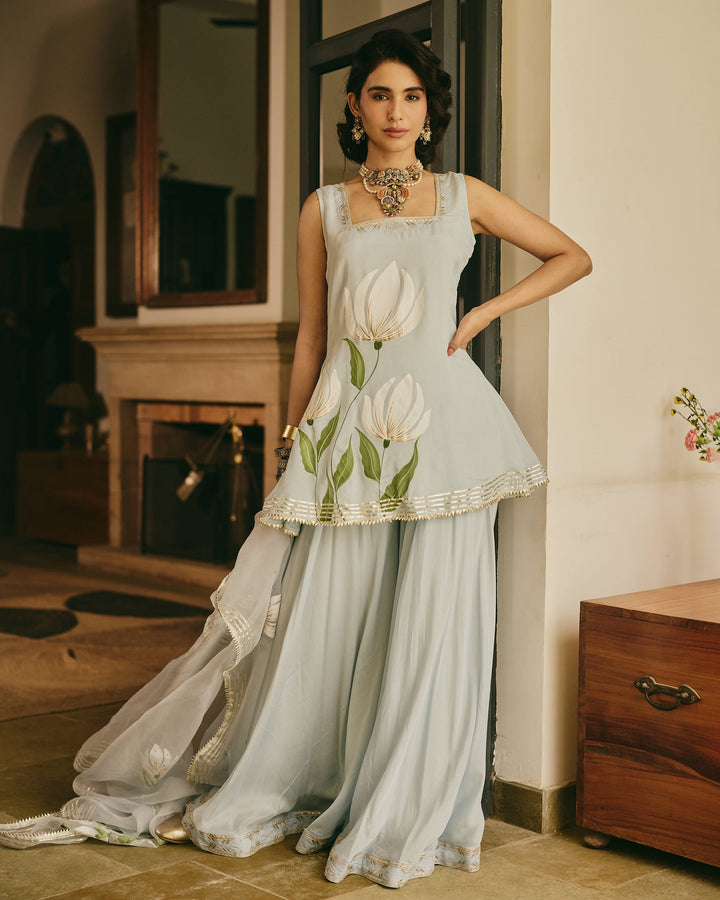 Varnali Blue Handpainted Chinon Suit Set